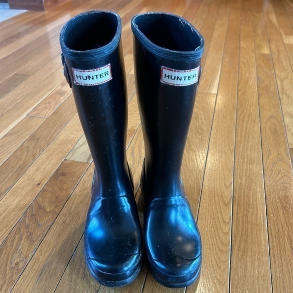 HUNTER Youth US Sz 2 UK 1 Original Tall Buckle Waterproof Rain Boots Black Gloss
